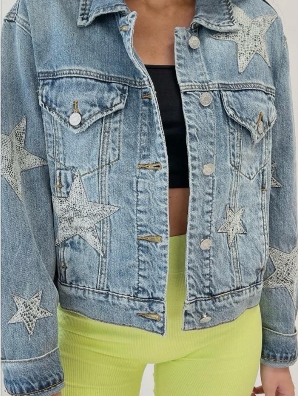 Blank NYC Denim Star Embroidered Jacket - Light Blue
